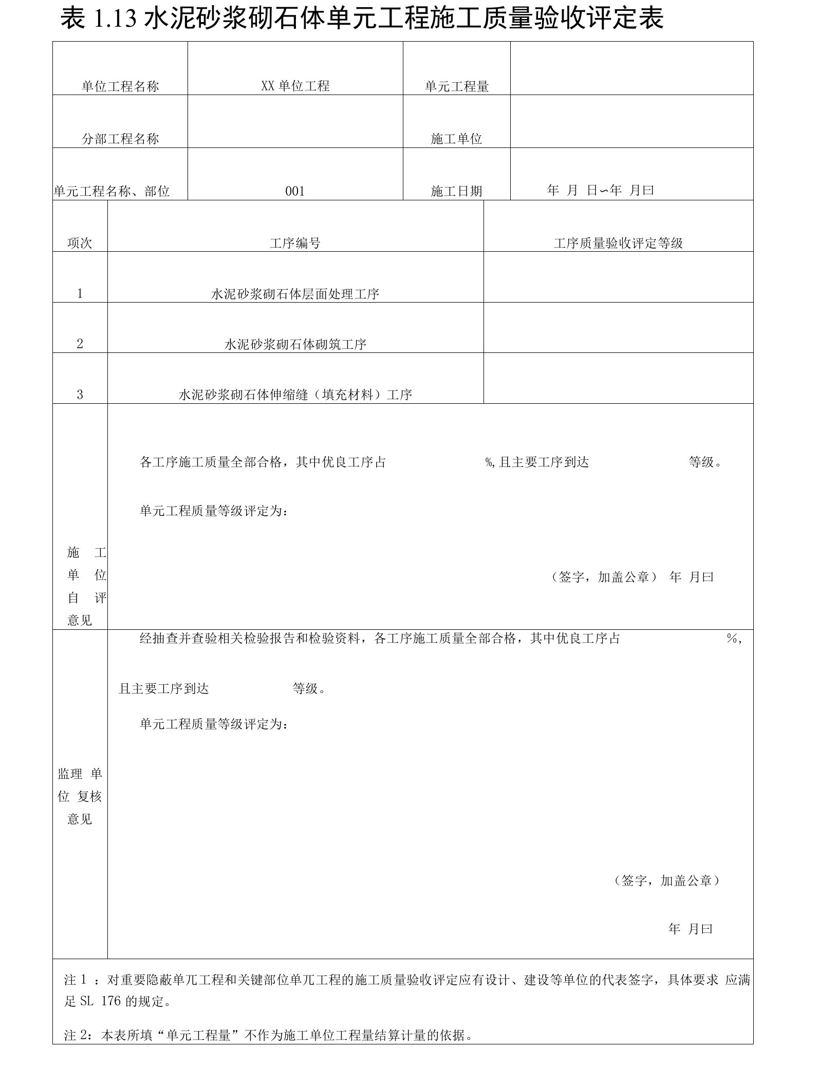 水泥砂浆砌石体单元工程施工质量验收评定表表1.13