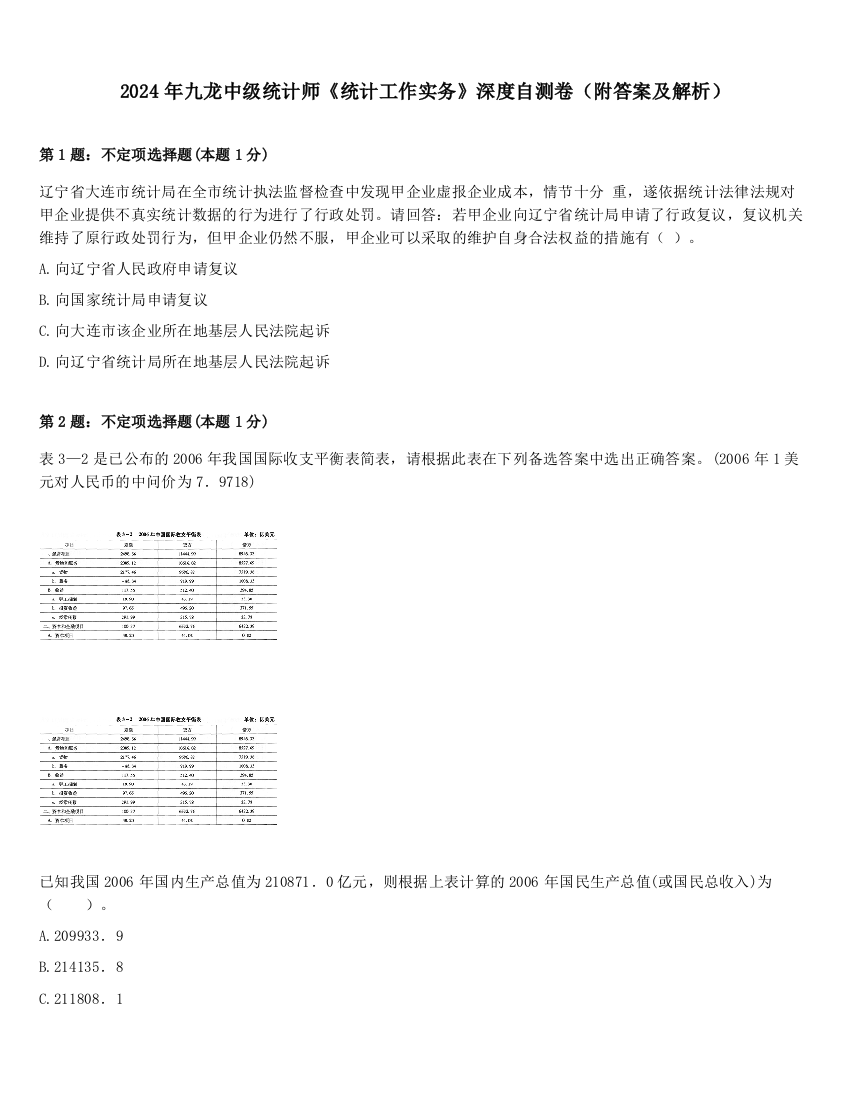 2024年九龙中级统计师《统计工作实务》深度自测卷（附答案及解析）