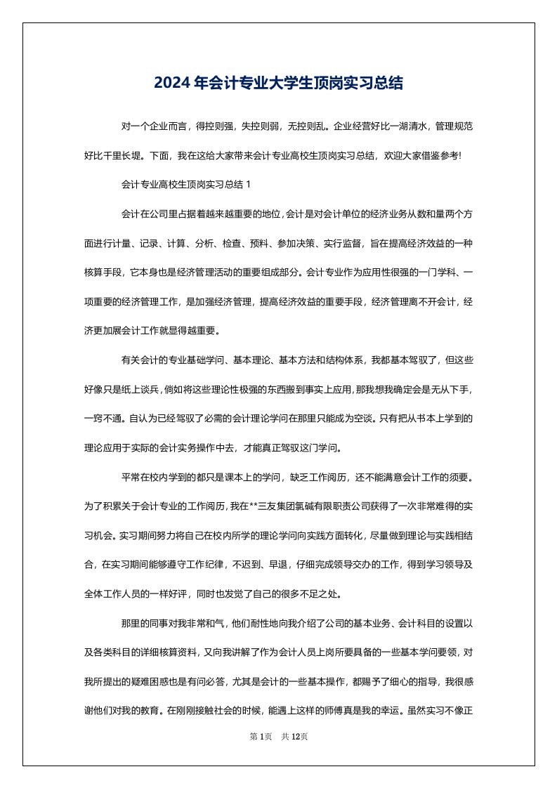 2024年会计专业大学生顶岗实习总结