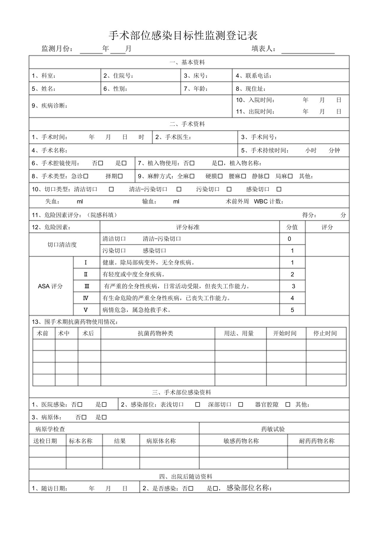 手术部位感染目标性监测登记表