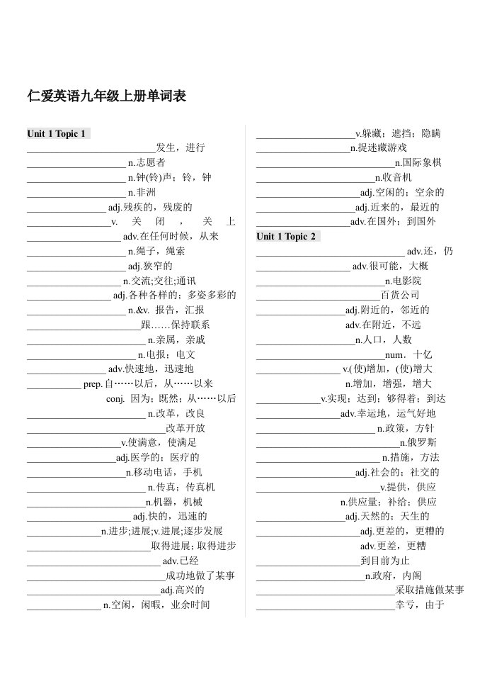 新版仁爱英语九年级上册单词默写表(含音标)16开