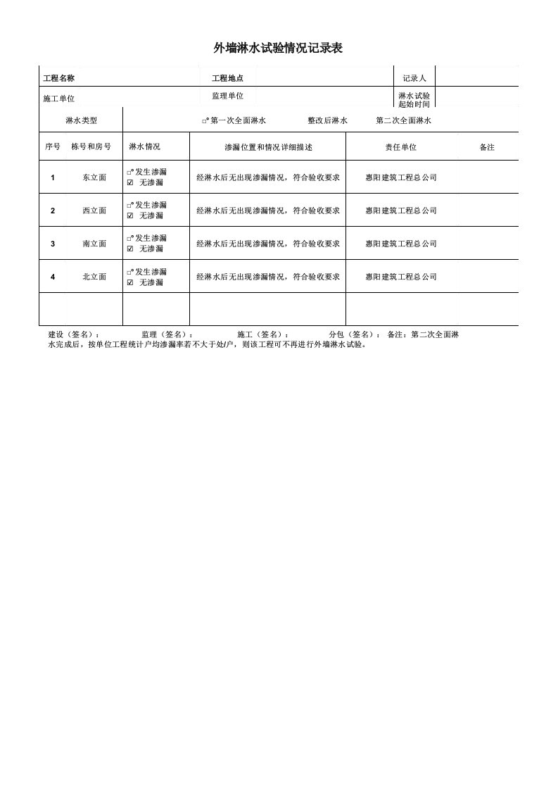 外墙淋水试验情况记录表空表