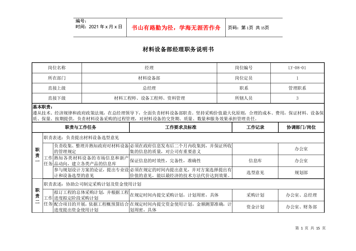 某咨询—某房地产材料设备部职务说明书1210黄