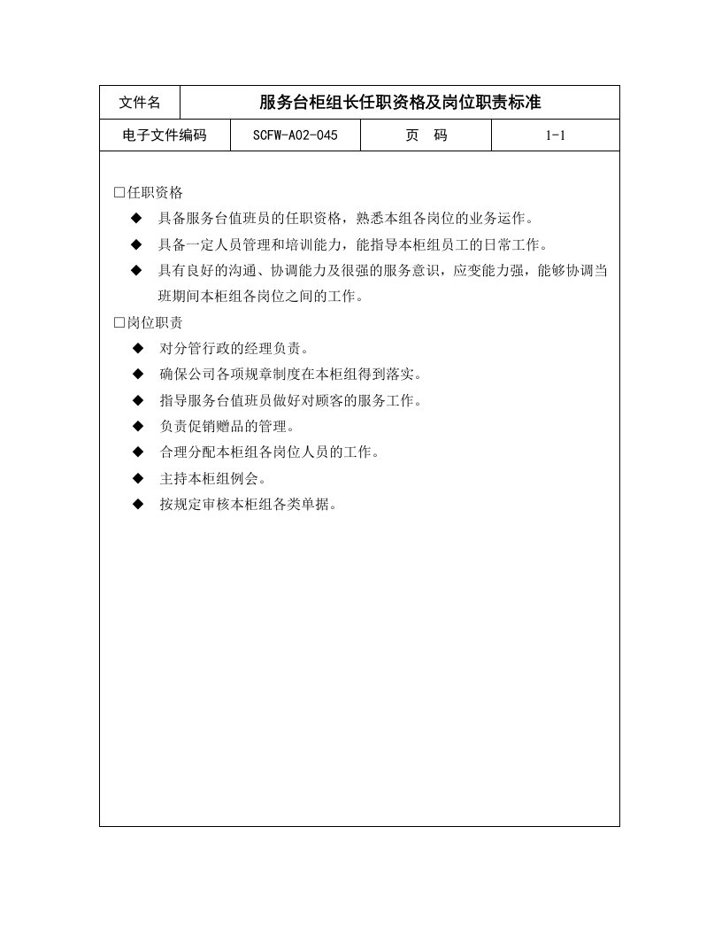 促销管理-45服务台柜组长任职资格及岗位职责标准