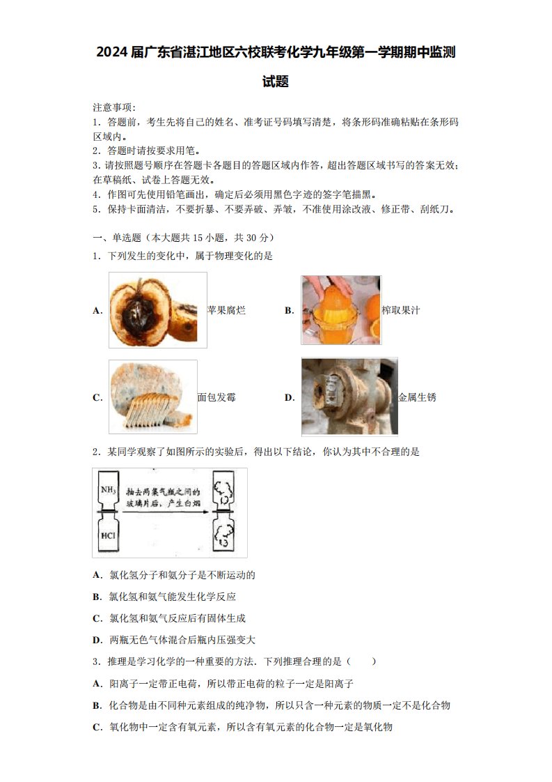 2024届广东省湛江地区六校联考化学九年级第一学期期中监测试题含答案