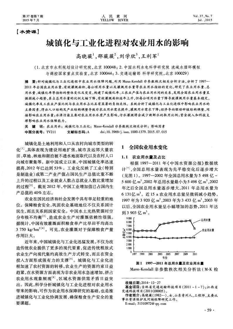 城镇化与工业化进程对农业用水的影响-论文