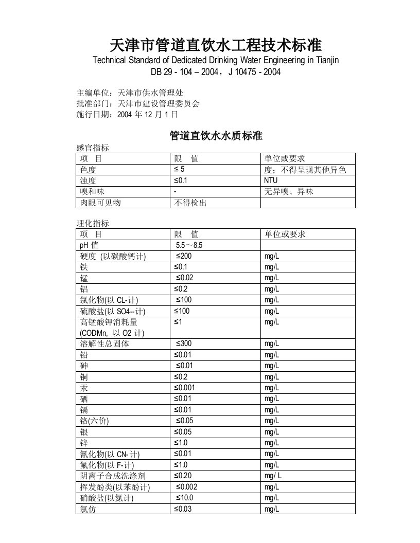 天津管道直饮水工程技术标准