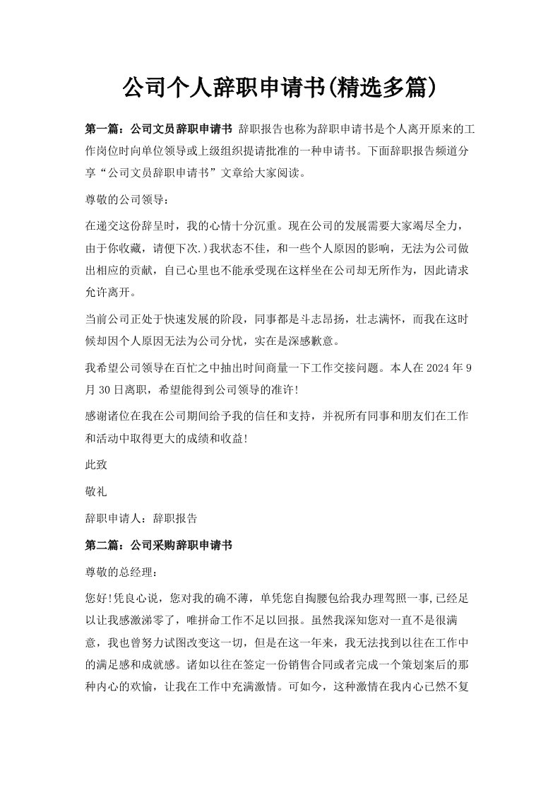 公司个人辞职申请书精选多篇