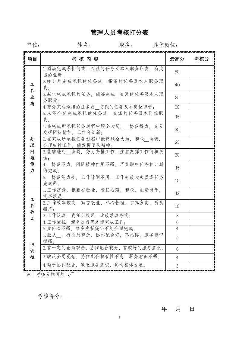 管理人员考核打分表