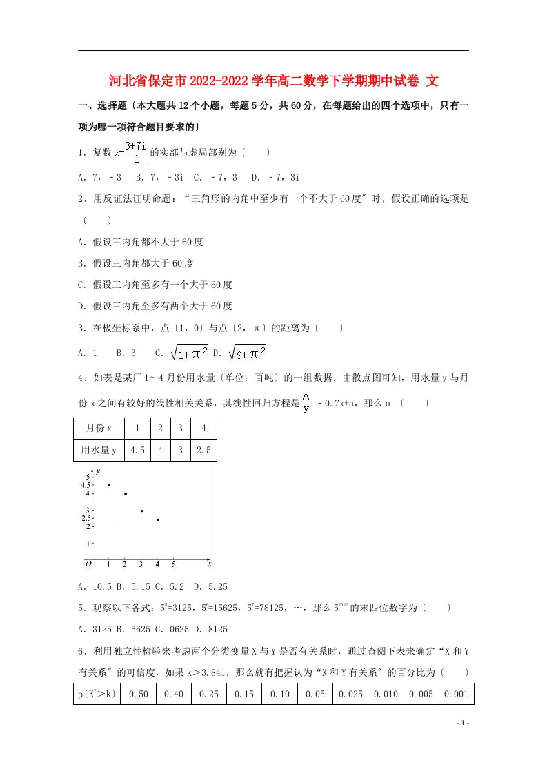 河北省保定市2022-2022学年高二数学下学期期中试卷文（含解析）