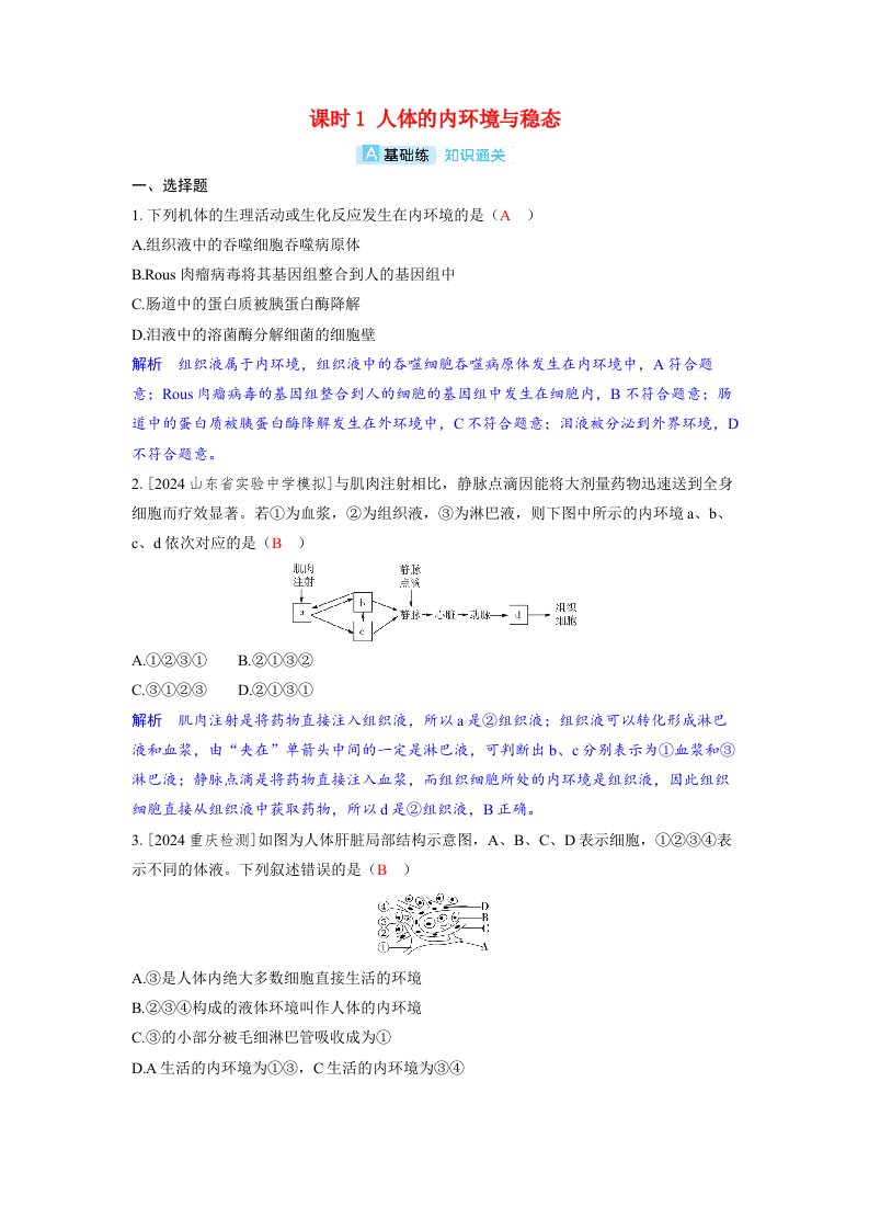 备考2024届高考生物一轮复习分层练习第八章动物和人体生命活动的调节课时1人体的内环境与稳态