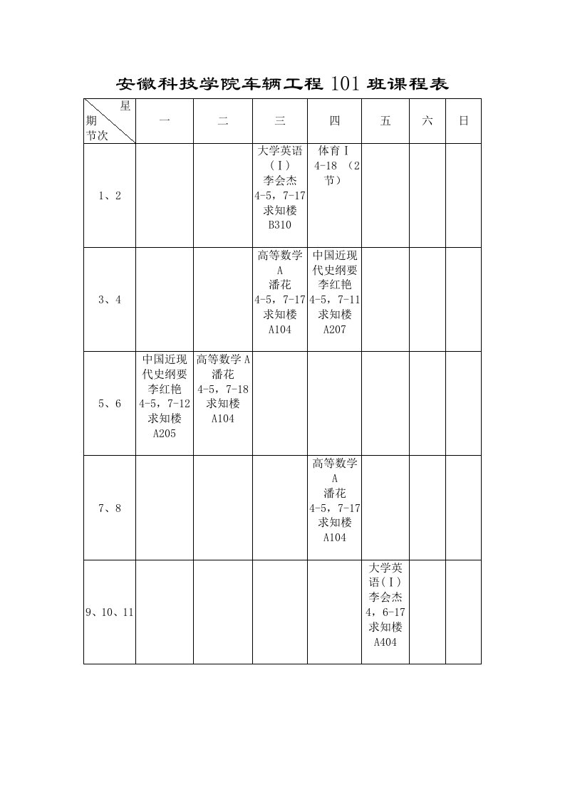 安徽科技学院车辆工程101班课程表