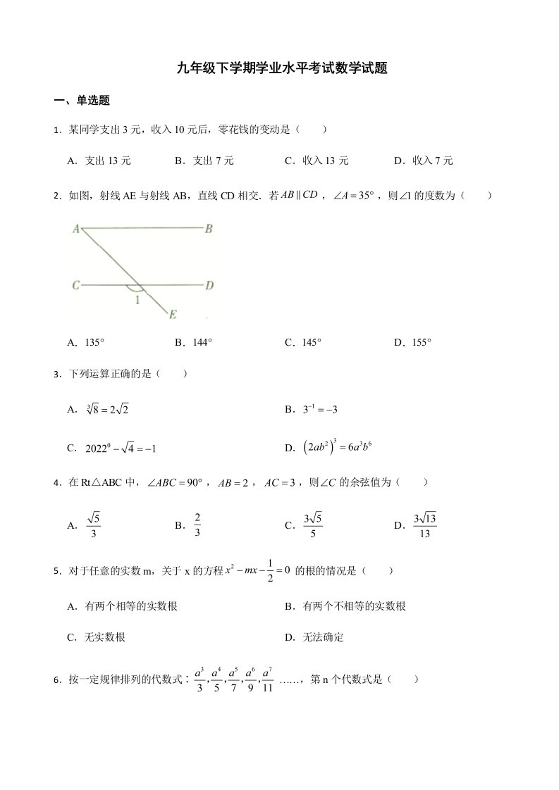 2022年云南省玉溪市九年级下学期学业水平考试数学试题附答案