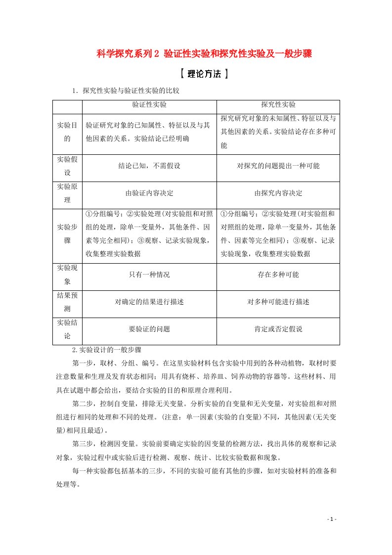 2022版高考生物一轮复习第3单元细胞的能量供应和利用科学探究系列2验证性实验和探究性实验及一般步骤教案苏教版必修120210421139