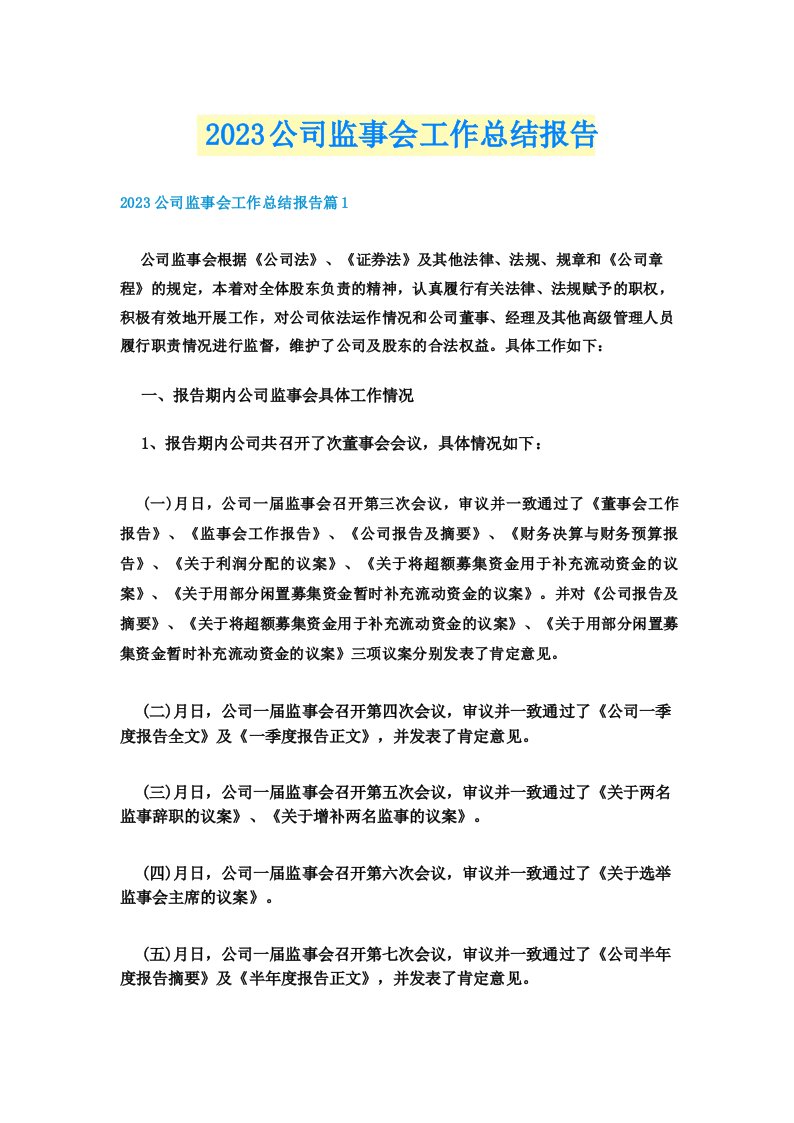 2023公司监事会工作总结报告