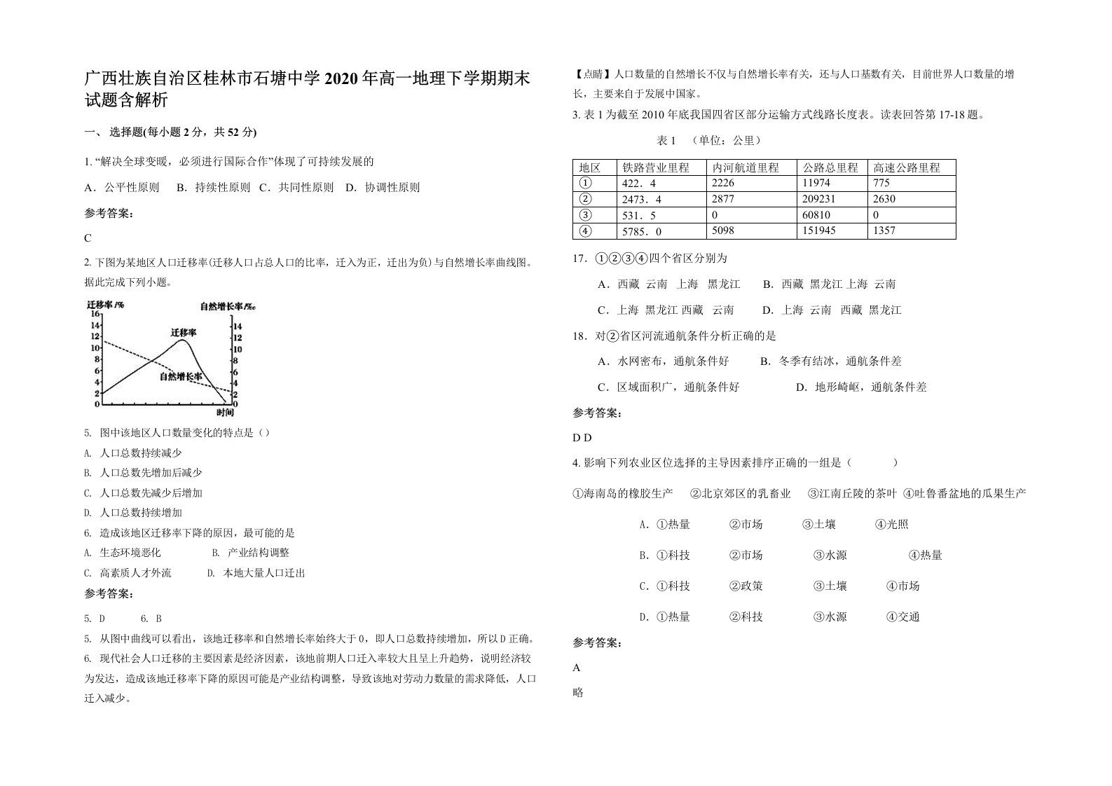 广西壮族自治区桂林市石塘中学2020年高一地理下学期期末试题含解析