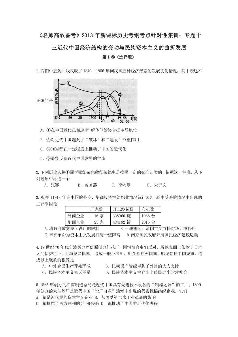 2013年新课标历史考纲考点针对性集训：专题十三近代中国经济结构的变动与民族资本主义的曲折发展