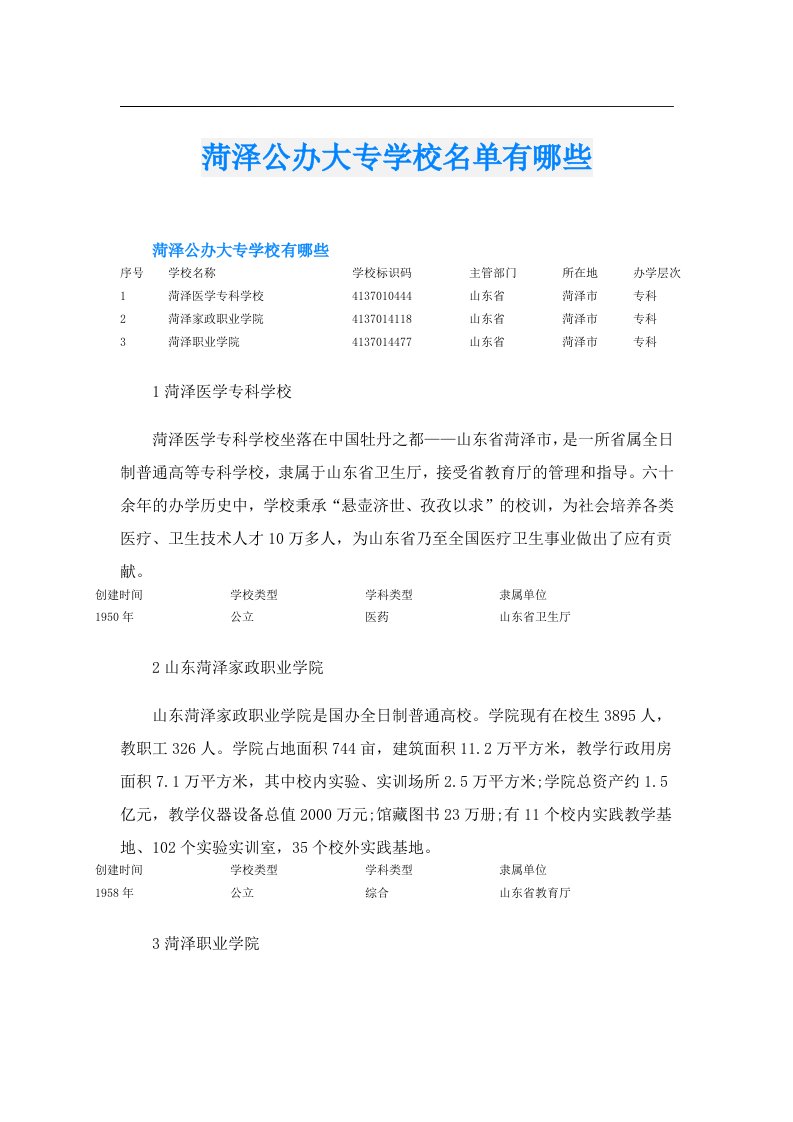 菏泽公办大专学校名单有哪些