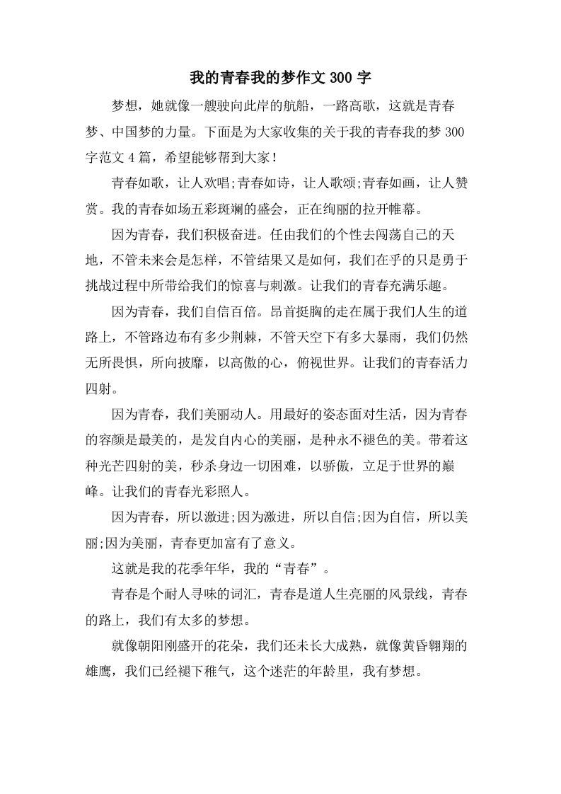 我的青春我的梦作文300字