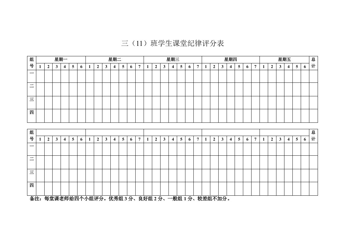 三班学生课堂纪律评分表