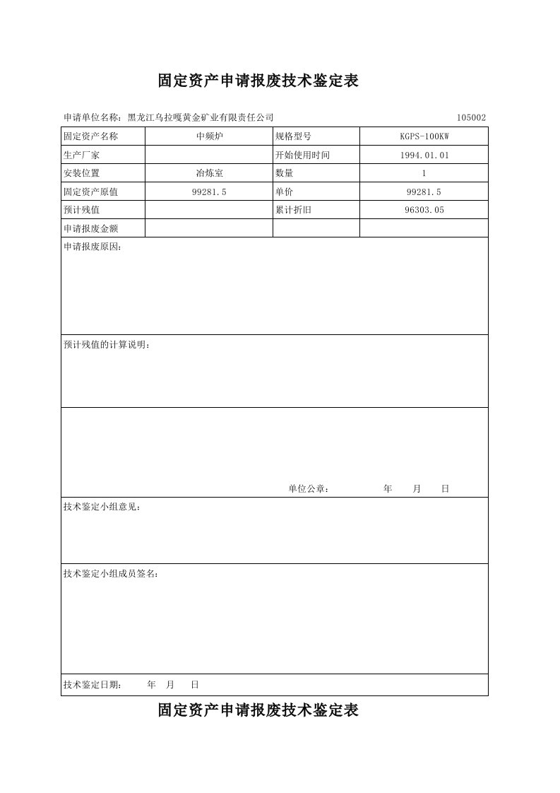 表格模板-固定资产申请报废技术鉴定表2Book1