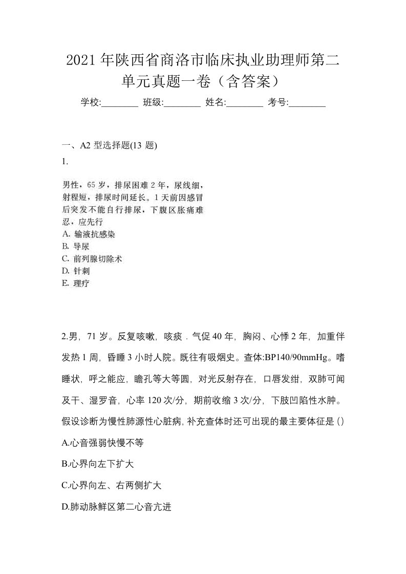 2021年陕西省商洛市临床执业助理师第二单元真题一卷含答案