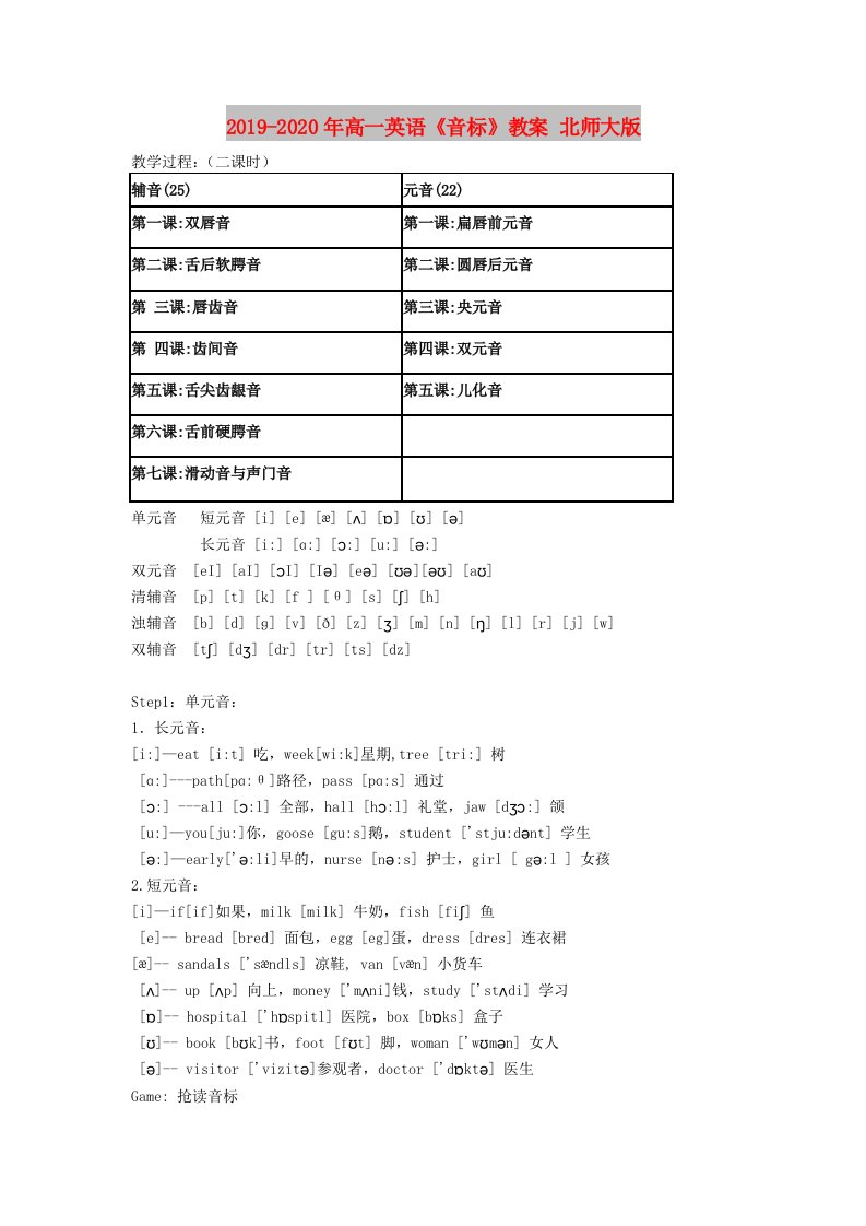 2019-2020年高一英语《音标》教案