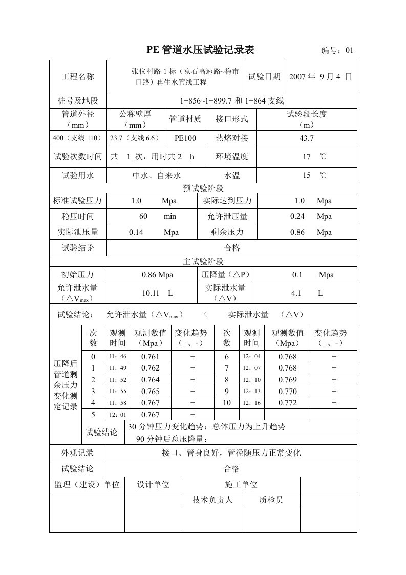 PE管水压试验记录1