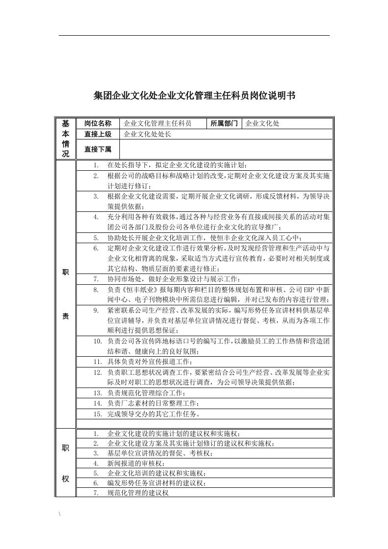 恒丰纸业集团企业文化处企业文化管理主任科员岗位说明书