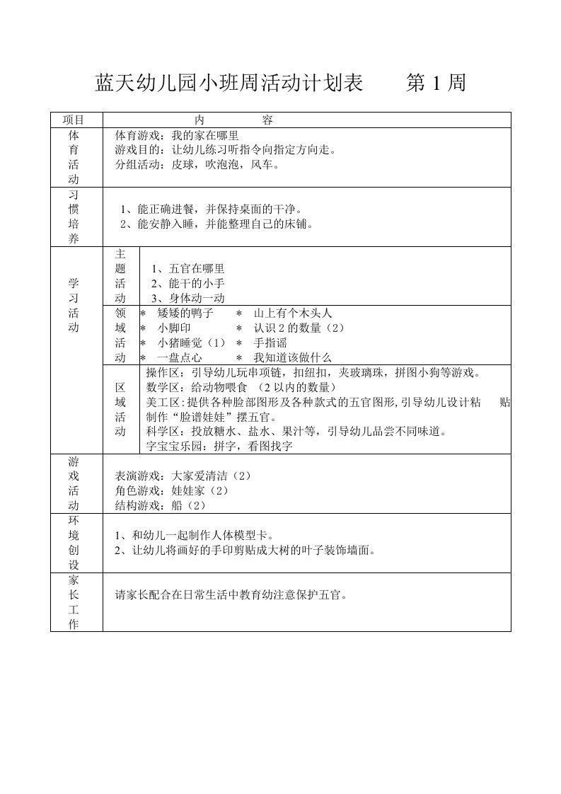 蓝天幼儿园小班周计划活动表