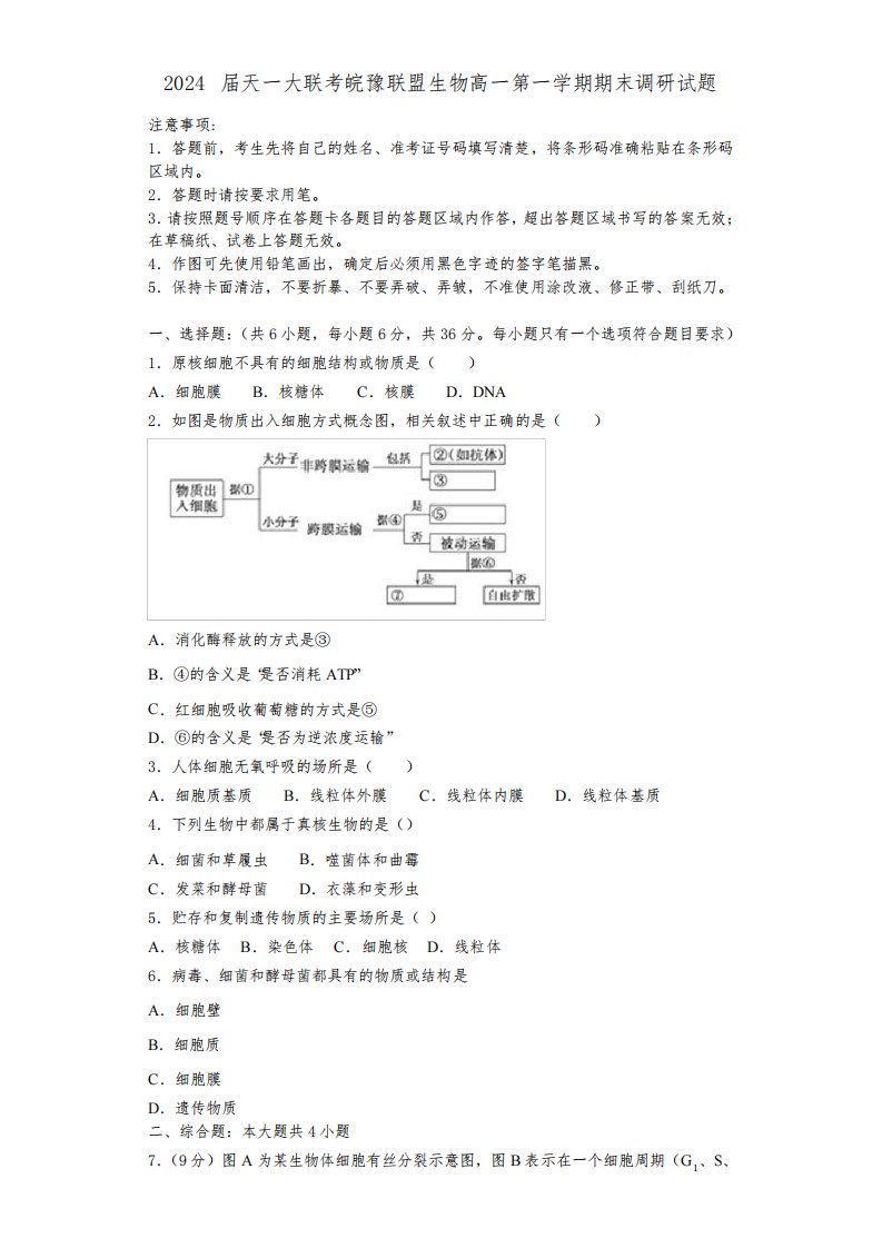 2024届天一大联考皖豫联盟生物高一第一学期期末调研试题含解析