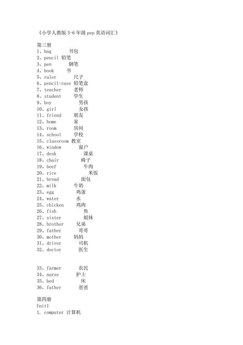 小学人教版3-6年级pep英语词汇