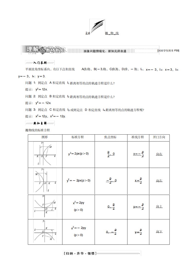 高二数学苏教版选修21讲义：第1部分第2章2.42.4.1抛物线的标准方程-7页