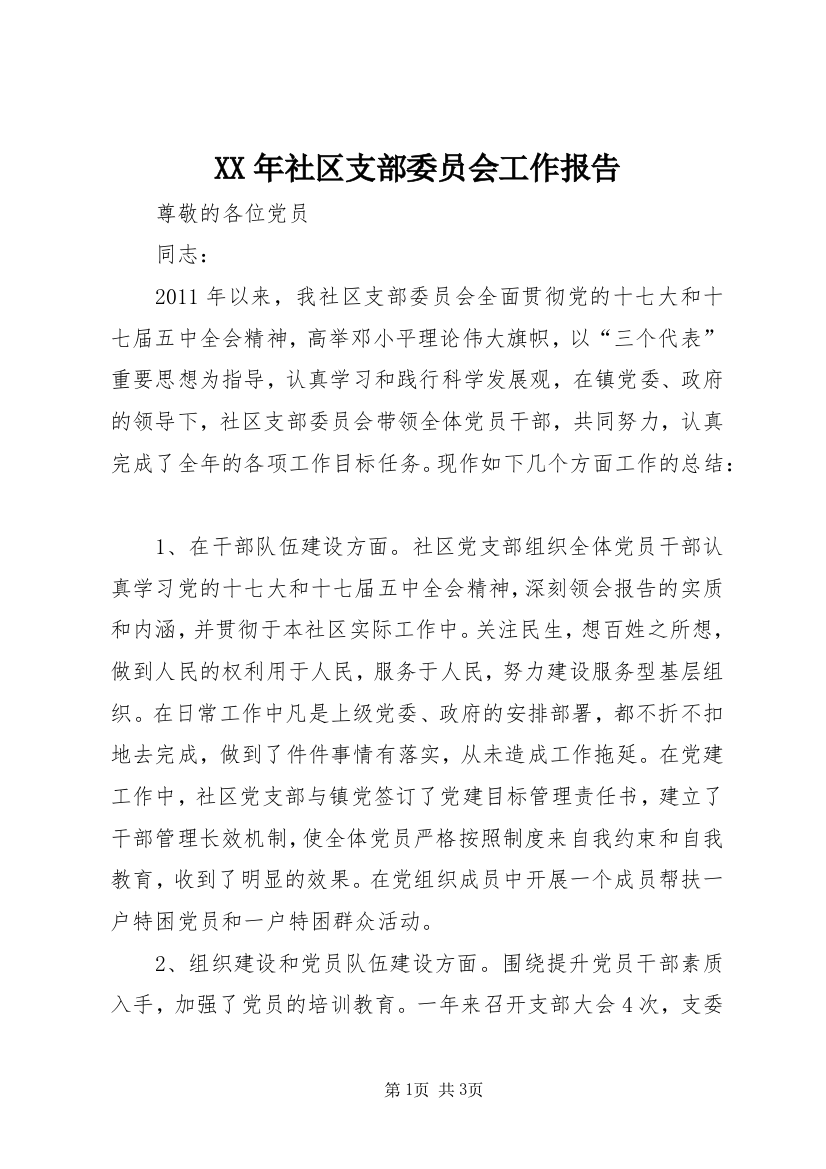 XX年社区支部委员会工作报告