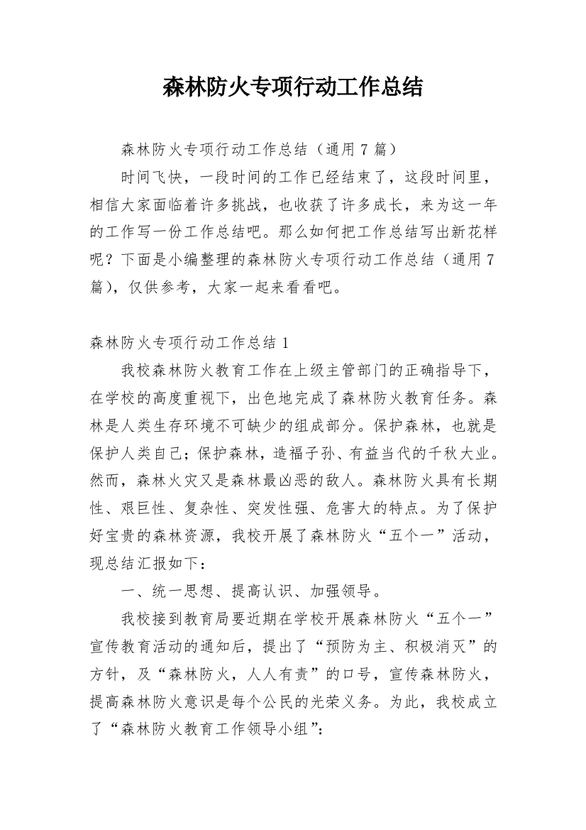 森林防火专项行动工作总结