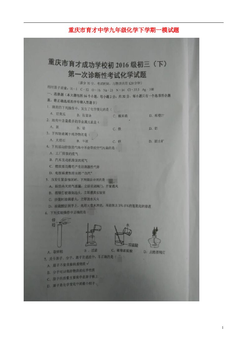 重庆市育才中学九级化学下学期一模试题（扫描版，无答案）