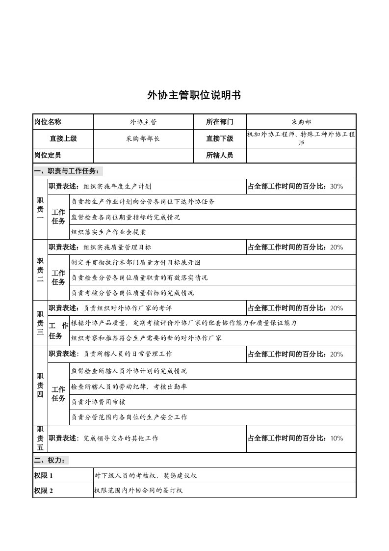 采购管理-华北光学仪器公司采购部外协主管职位说明书