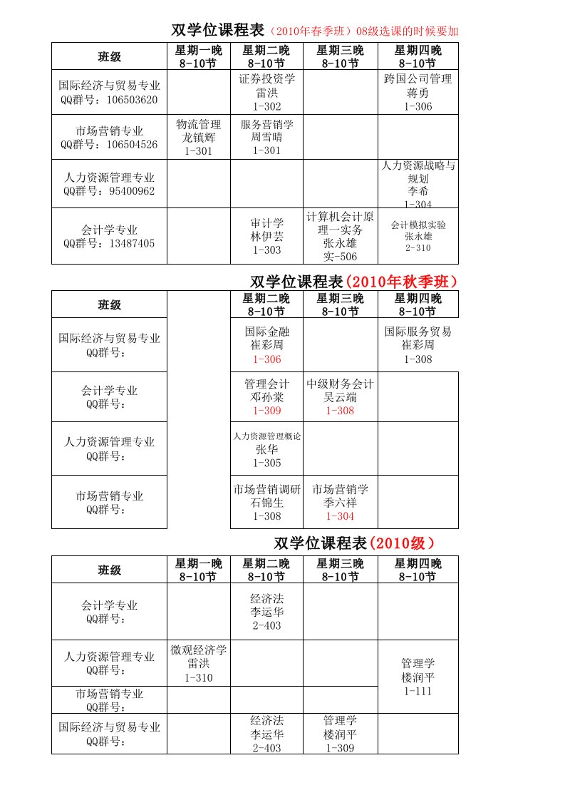 11-12第一学期双学位课程表