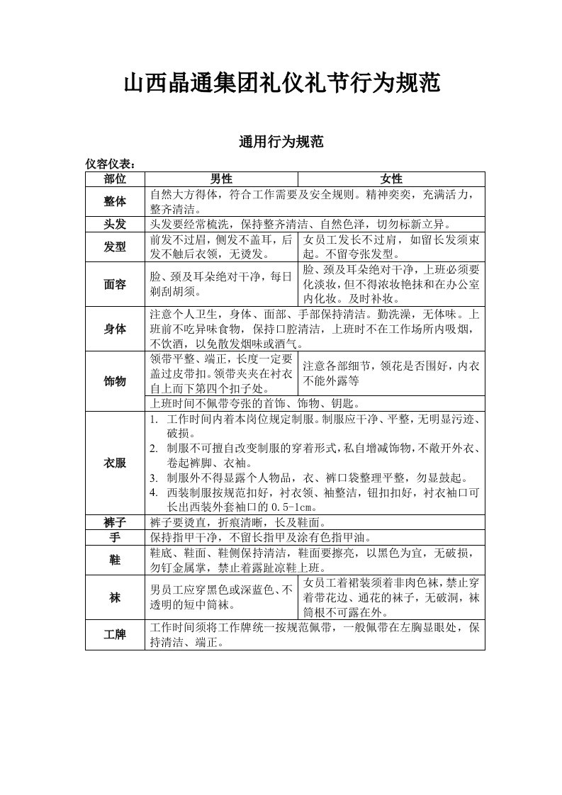 山西晶通集团礼仪礼节行为规范