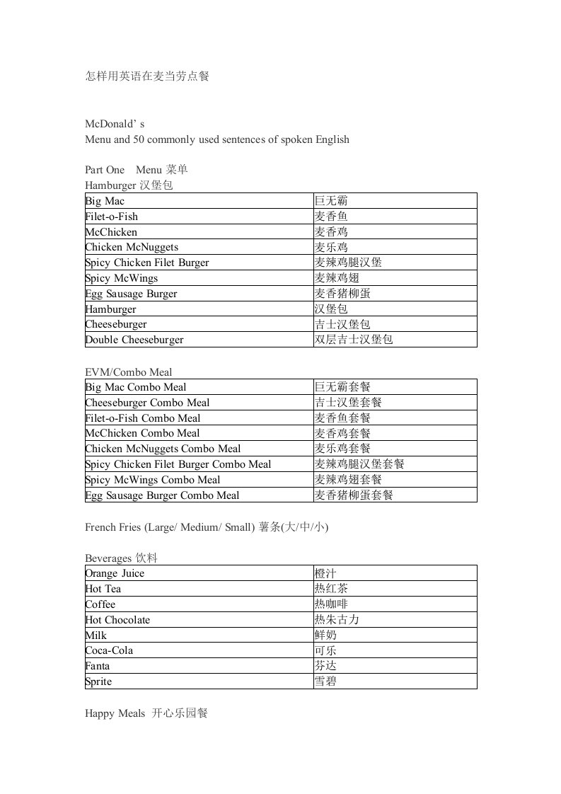 麦当劳肯德基点餐专用英语