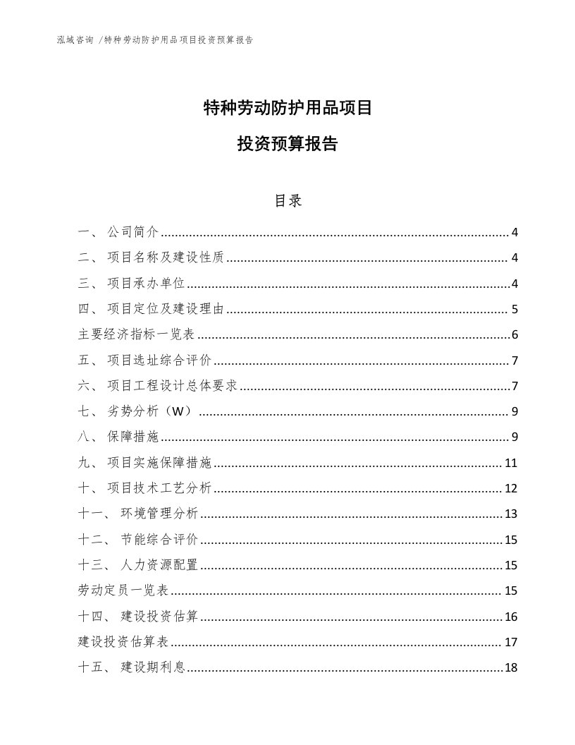 特种劳动防护用品项目投资预算报告