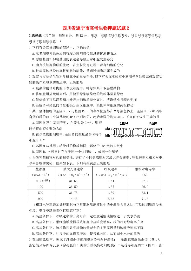 四川省遂宁市高考生物押题试题2