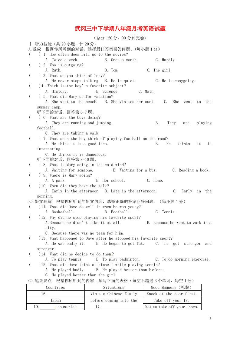 湖南省武冈市第三中学八级英语上学期第一次月考试题（无答案）