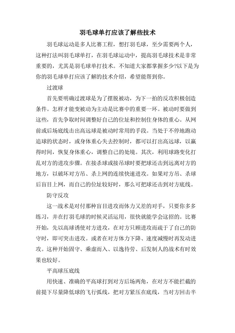 羽毛球单打应该了解些技术