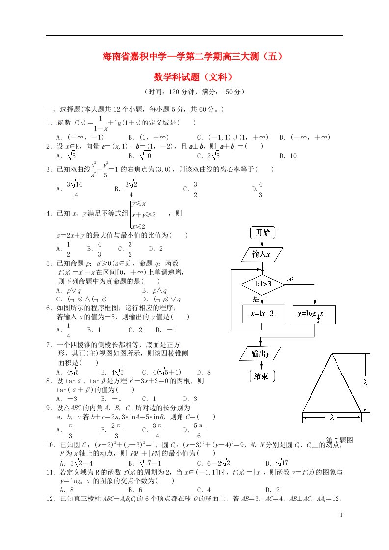 海南省嘉积中学高三数学下学期第五次测试试题