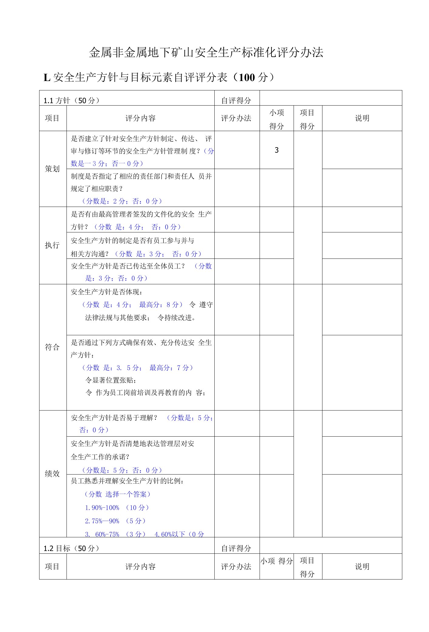 2023年整理-金属非金属地下矿山安全生产标准化评分办法模板