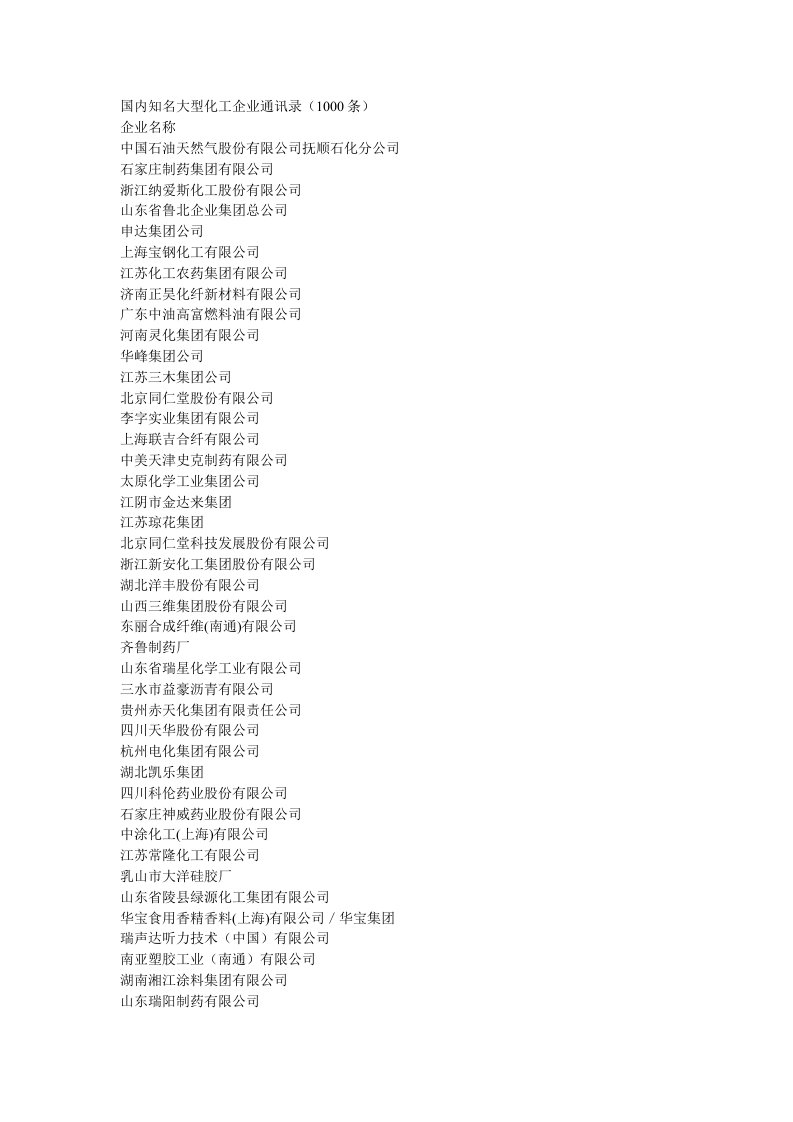 国内知名大型化工企业通讯录