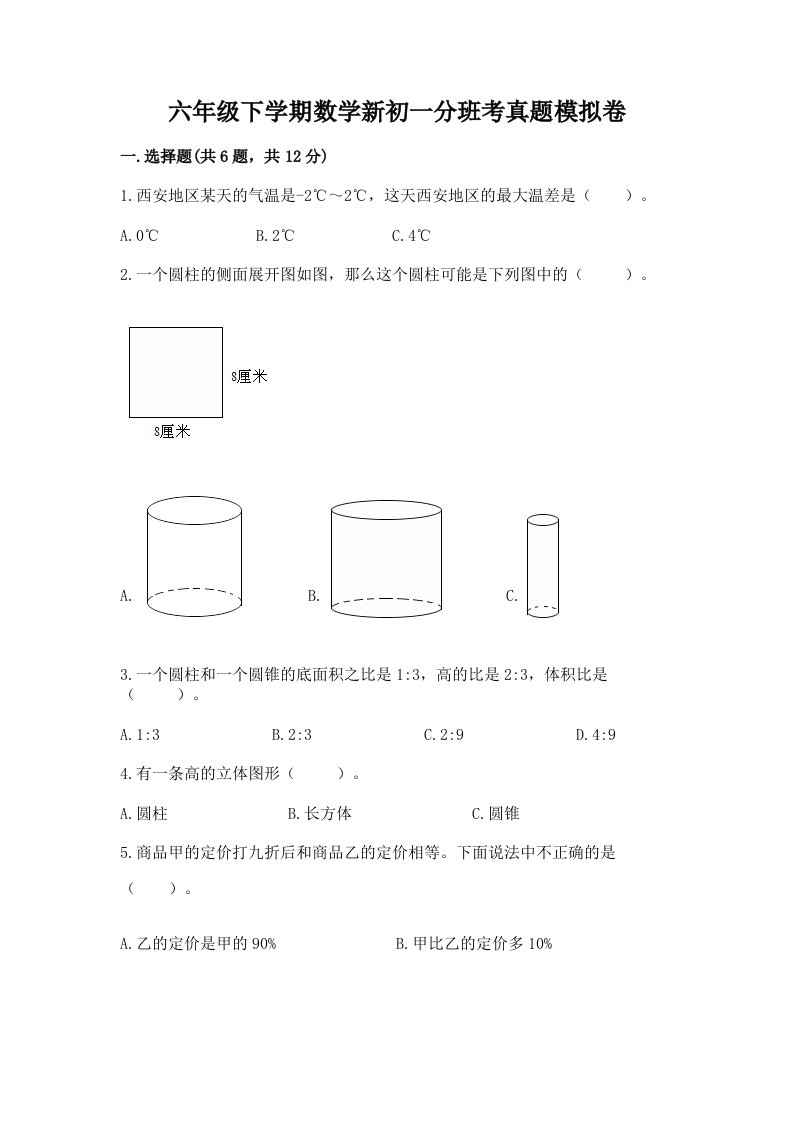 六年级下学期数学新初一分班考真题模拟卷（能力提升）word版