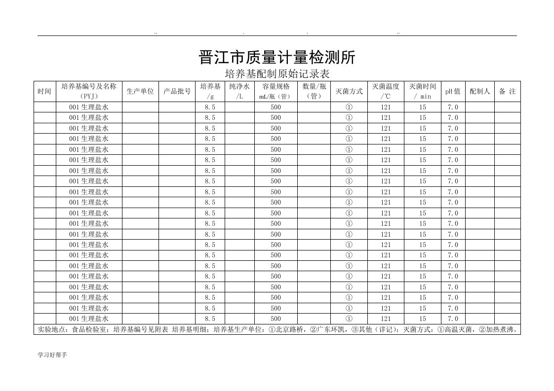 培养基配制原始记录表