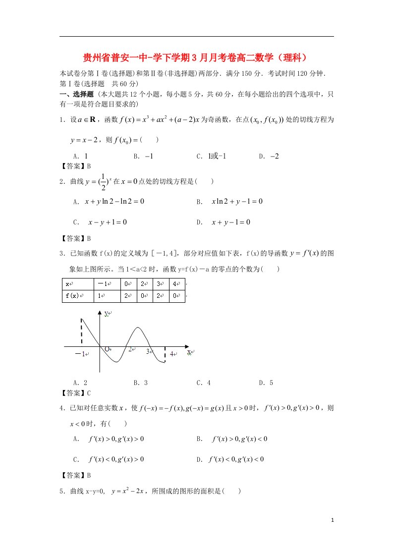 贵州省普安一中高二数学3月月考试题